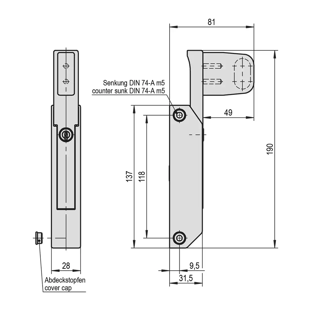 STUV-Stangenverschluss für 1 Schublade - Griffstange oben - Halterung 49 mm hoch 