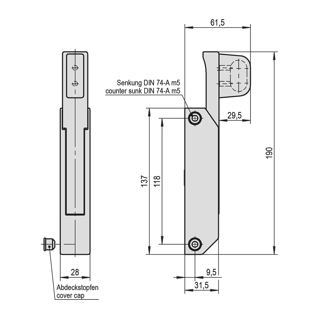 STUV-Stangenverschluss für 1 Schublade - Griffstange oben - Halterung 29 mm hoch 